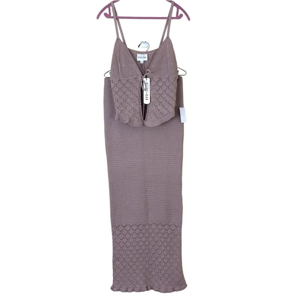 NWT Olive Oak Tan Crochet 2-Piece Set Knit Crop Tie-Front Tank & Maxi Skirt (L) - Picture 2 of 8